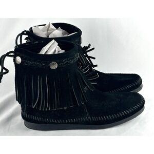 Minnetonka Black Suede Fringe Moccasin Ankle Booties Womens 6.5 Zip Up Back Boot